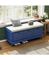 Classic Storage Bench with Cushioned Seat and Three Drawers for Entryway and Living Room (Navy Blue)