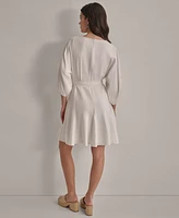 Dkny Women's V-Neck Embroidered-Trim Belted Dress