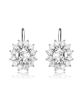White Gold Plated with Cubic Zirconia Hibiscus Flower Cluster Drop Earrings with Leverback