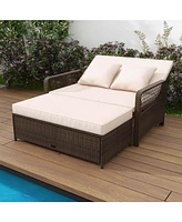 Patio Rattan Daybed Wicker Loveseat Sofa with Multifunctional Ottoman