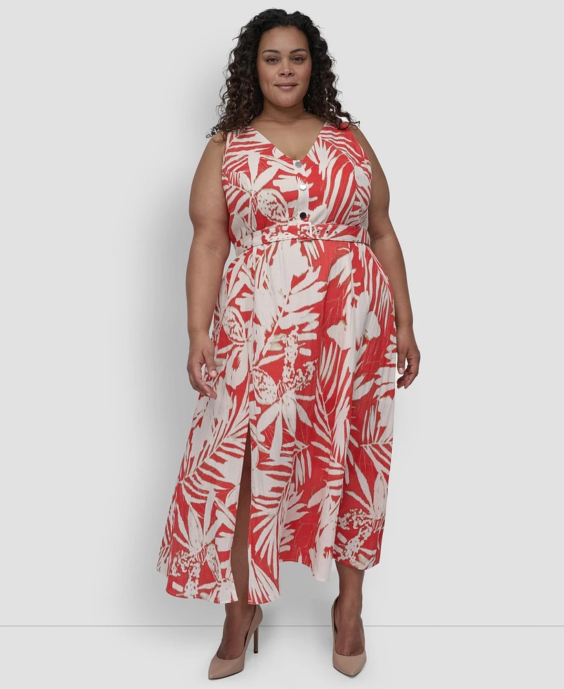 Dkny Plus Printed V-Neck Belted Sleeveless Dress