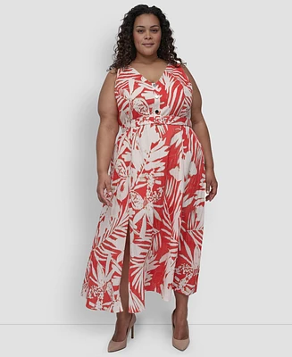 Dkny Plus Printed V-Neck Belted Sleeveless Dress
