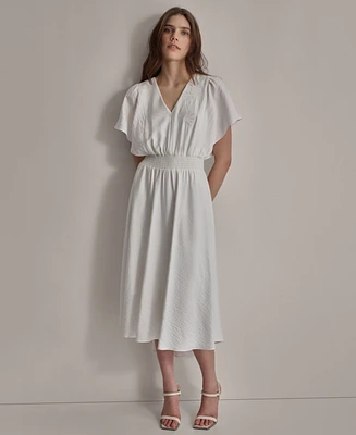 Dkny Women's V-Neck Smocked-Waist Short-Sleeve Dress