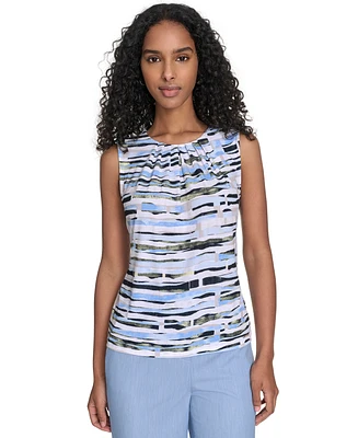 Calvin Klein Petite Striped Pleated-Neck Top
