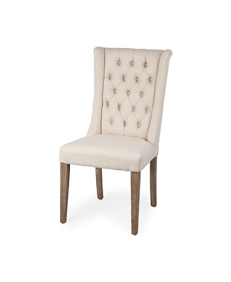 Tufted Cream And Brown Upholstered Linen Wing Back Dining Side Chair