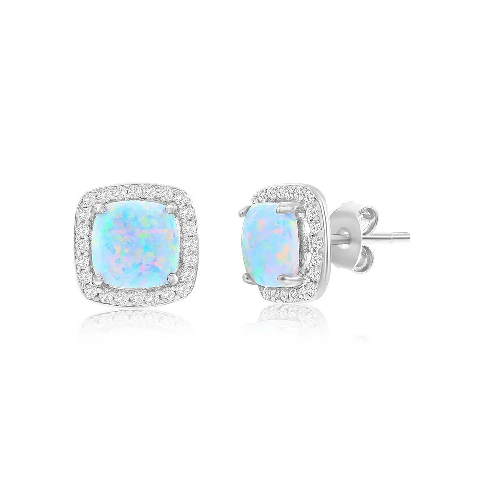 Sterling Silver, White Synthetic Opal Square Halo, Cz Border Earrings