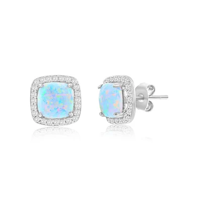Sterling Silver, White Synthetic Opal Square Halo, Cz Border Earrings