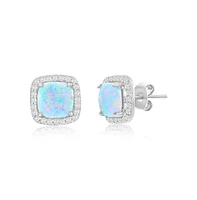 Sterling Silver, White Synthetic Opal Square Halo, Cz Border Earrings