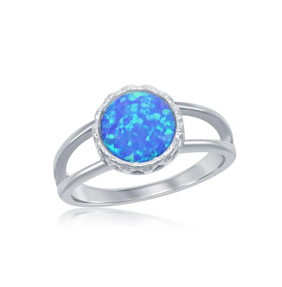 Sterling Silver Round Inlay Synthetic Opal Open Band Ring