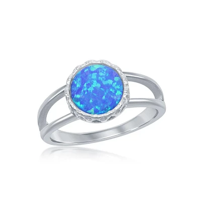Sterling Silver Round Inlay Synthetic Opal Open Band Ring