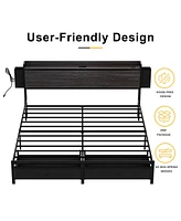 Hausource King Size Bed Frame with Storage Headboard No Box Spring Needed