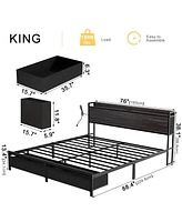Hausource King Size Bed Frame with Storage Headboard No Box Spring Needed