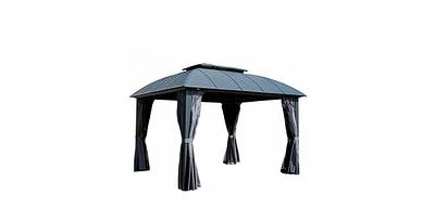 Outdoor Gazebo 10'x12', Permanent Hardtop Gazebo with Aluminum Frame for Patios Deck Backyard, Galvanized Steel Double Roof, Curtains and Netting for