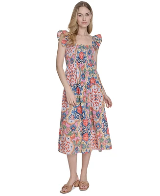 Vince Camuto Women's Printed Square-Neck Ruffle-Strap Dress