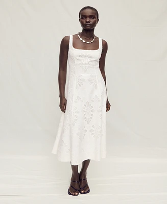 Mango Women's Linen Floral-Embroidered Flared Dress