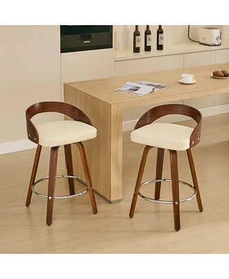 Set of 2 Swivel Bar Stools with Low Back 25 Inch Seat Height Wood Chairs Cushioned and Footrest for Kitchen Island or Dining Room-The Po