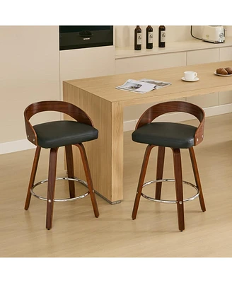 Set of 2 Swivel Bar Stools with Low Back 25 Inch Seat Height Wood Bar Chairs with Cushioned Seat and Footrest for Kitchen Island or Dining Room-The Po