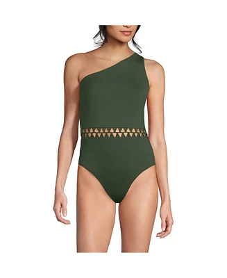 Lands' End Women's Long Macrame One Shoulder High Leg Piece Swimsuit