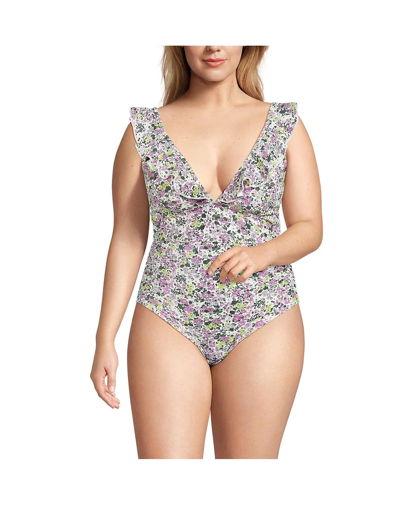 Lands' End Plus Pique Ruffle One Piece Swimsuit