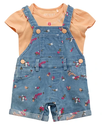 Guess Baby Girls 2-Piece Short Sleeve Bodysuit and Stretch Denim Overall Set