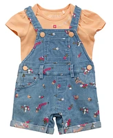 Guess Baby Girls 2-Piece Short Sleeve Bodysuit and Stretch Denim Overall Set