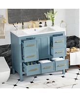 36" Freestanding Vanity Set with Resin Sink: Solid Wood Frame, 5 Drawers, and Soft-Close Doors