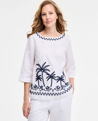 Charter Club Women's Palm-Applique 100% Linen Top
