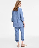 Charter Club Womens 100 Linen 3 4 Sleeve Tunic Top Embroidered Cuff 100 Linen Woven Cropped Pants Exclusively At Macys