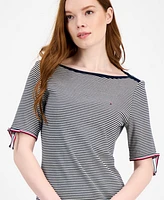 Tommy Hilfiger Women's Striped Cotton Boat-Neck Tie-Sleeve Dress