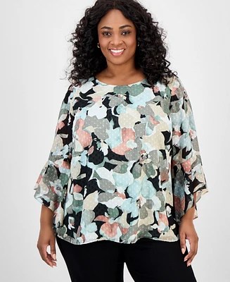 Kasper Plus Clip-Dot Ruffle-Sleeve Top