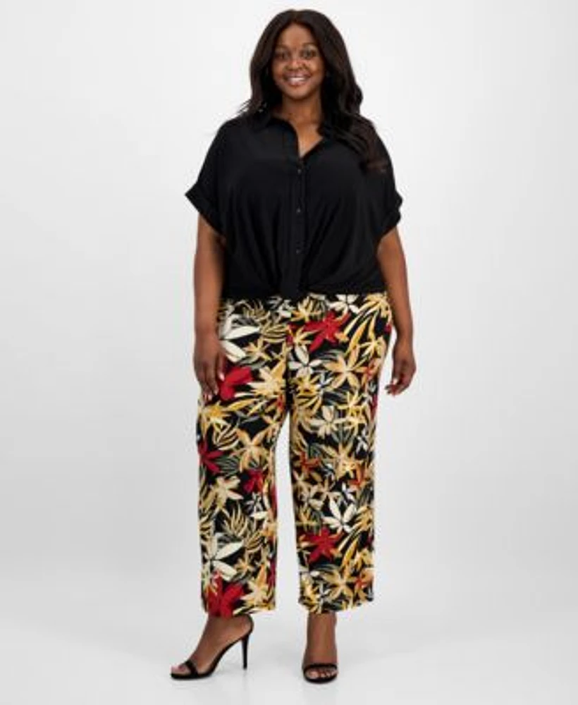 Anne Klein Plus Size Twist Front Blouse High Rise Pull On Wide Leg Pants