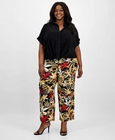 Anne Klein Plus Size Twist Front Blouse High Rise Pull On Wide Leg Pants