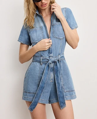 Good American Women's Fit For Success Lite Denim Short-Sleeve Romper