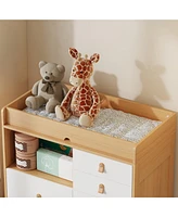 Multi-purpose diaper table with four drawers, baby changing station with multiple storage compartments and drawers, natural wood