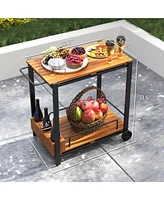 Outsunny Acacia Wood Outdoor Bar Cart, 2-Tier Outdoor Serving Cart,