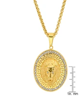 Steeltime Men's Simulated Diamonds Round Lion Head with Greek Key Accents Pendant Necklace
