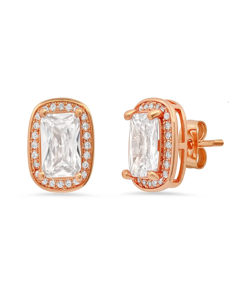Steeltime Women's 18K Rose Gold Plated Brass Simulated Emerald Cut Diamonds Stud Earrings