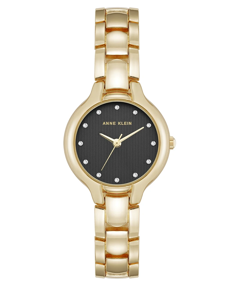 Anne Klein Women's Quartz Delicate Crystal Accented Black Dial Gold-Tone Alloy Metal Watch, 28mm