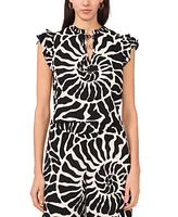 Vince Camuto Women's Spiral-Print Ruffle-Trim Split-Neck Top