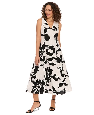London Times Women's V-Neck Godet-Pleat A-Line Dress