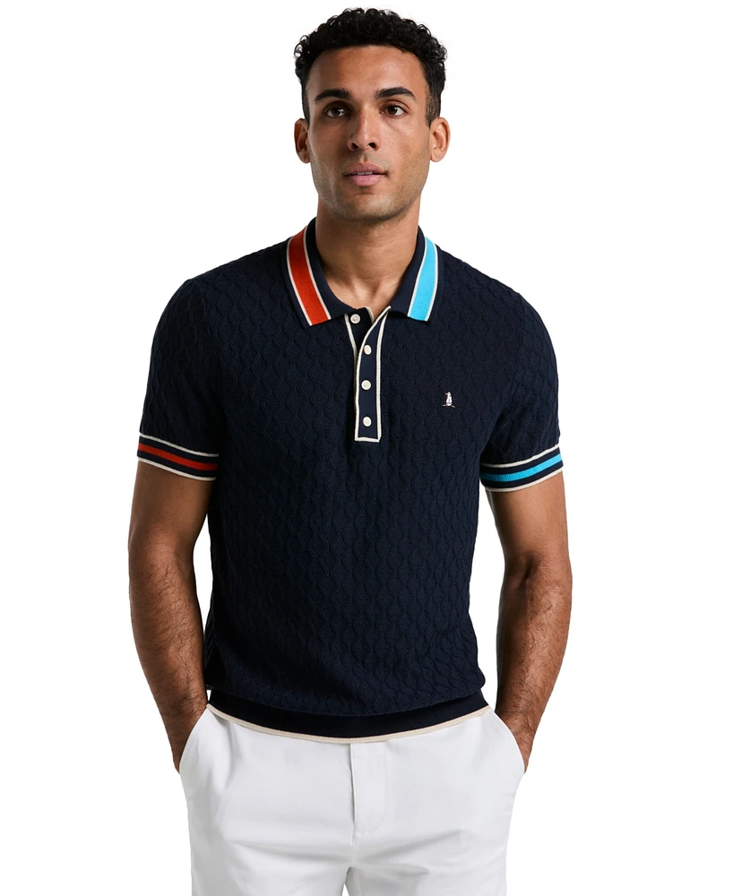 Original Penguin Men's Slim-Fit Cotton Pointelle Blocked Ribbed Sweater Polo Shirt