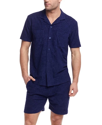 Weatherproof Vintage Men's Short Sleeve Terry Coat Front Jacquard Button-Front Shirt