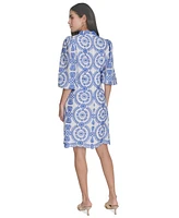 Jessica Howard Petite Printed 3/4-Sleeve Collared A-Line Dress