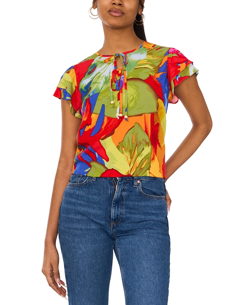 Sam & Jess Women's Printed Tie-Neck Flutter-Sleeve Top