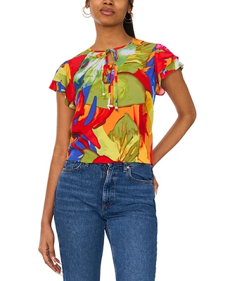 Sam & Jess Women's Printed Tie-Neck Flutter-Sleeve Top
