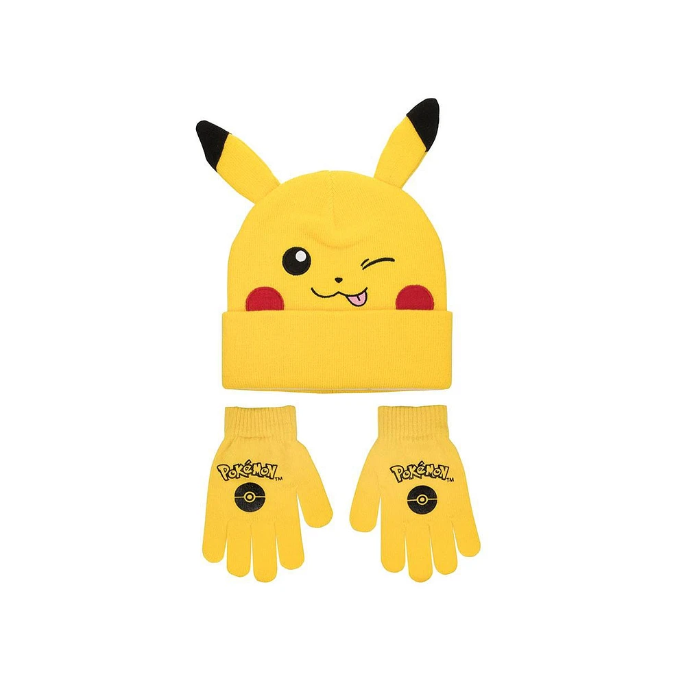 Pokemon Boys Pikachu Cuff Hat With 3D Ears And Matching Gloves
