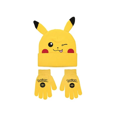 Pokemon Boys Pikachu Cuff Hat With 3D Ears And Matching Gloves