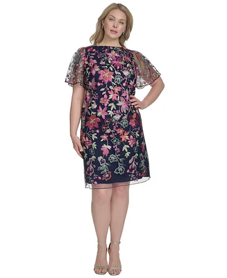 Jessica Howard Plus Floral Embroidered Flutter-Sleeve Dress