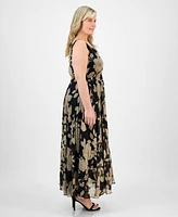 Taylor Plus Printed Tie-Waist Pleated Maxi Dress