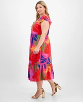 Sandra Darren Plus Printed Flutter-Sleeve Midi Dress